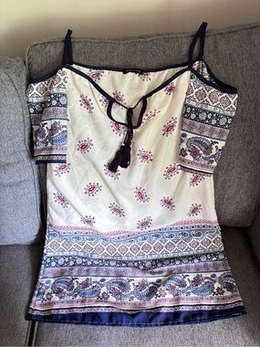 Boho Paisley Off-Shoulder Women’s Dress - Cream with Navy Trim